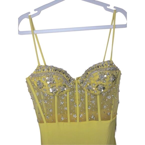 NWT MAC DUGGAL Yellow Spaghetti Strap Beaded Sheer Bodice Gown with Slit Size Sm - Picture 10 of 16